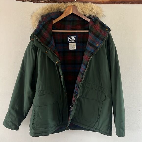Woolrich Vintage Coyote Fur Trim Parka Green Plaid Lined Coat XL - Picture 11 of 16